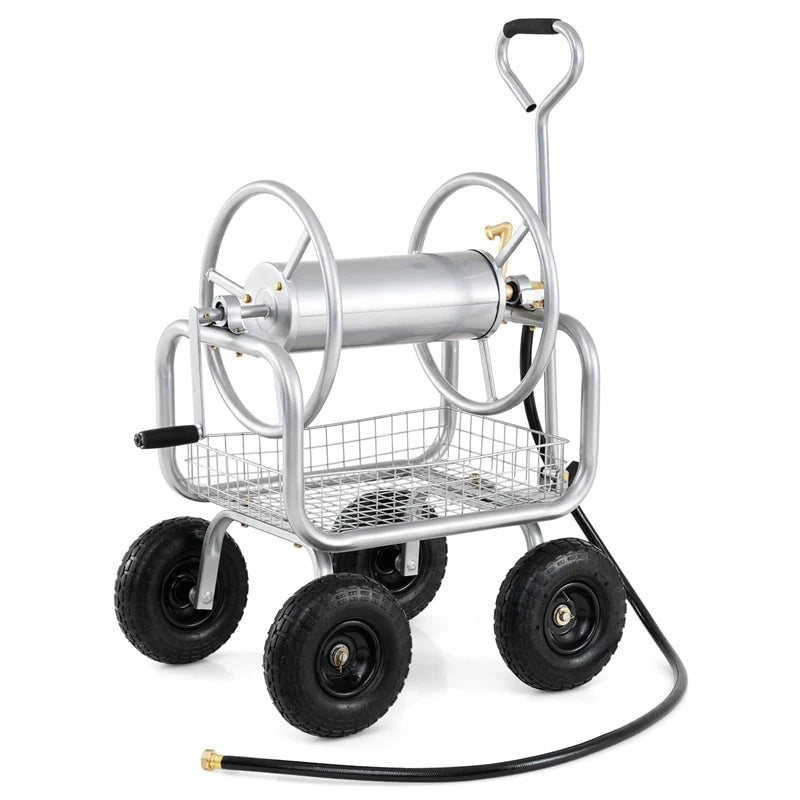 Portable Garden Hose Reel Cart Holds 300FT of 5/8" Large Capacity, Heavy - Duty Metal Hose Cart with 4 Wheels & Storage Basket for Lawn Yard