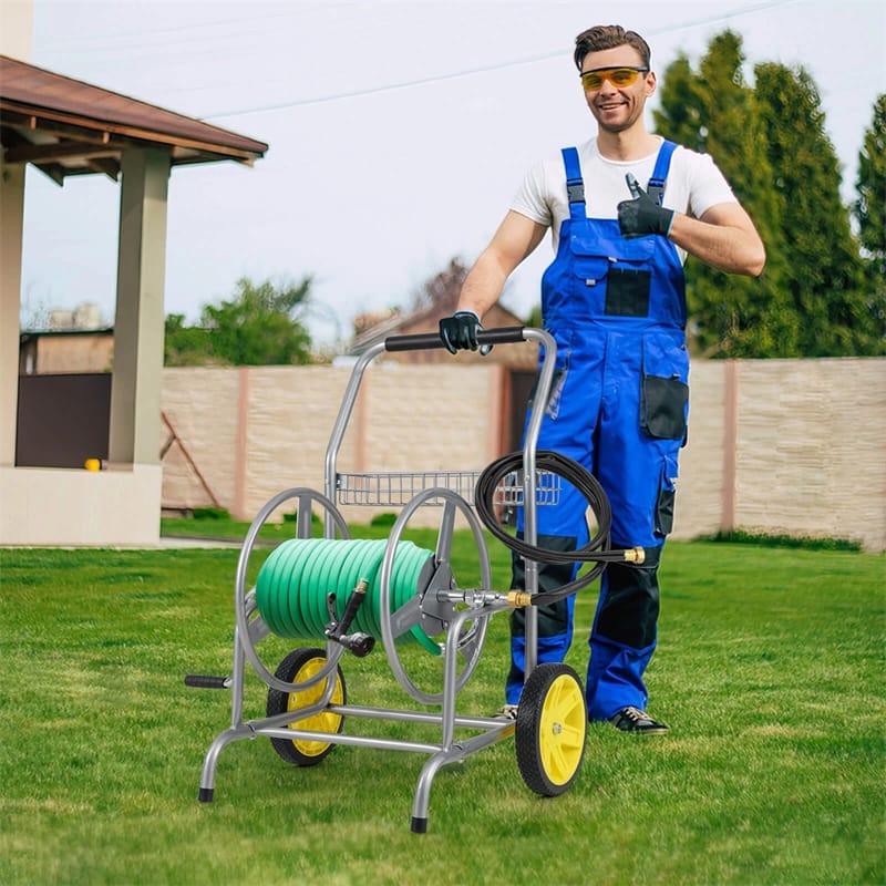Garden Hose Reel Cart Holds 230FT of 5/8" Hose, Heavy - Duty Hose Cart with 2 Wheels & Storage Basket, Portable Water Hose Organizer for Yard