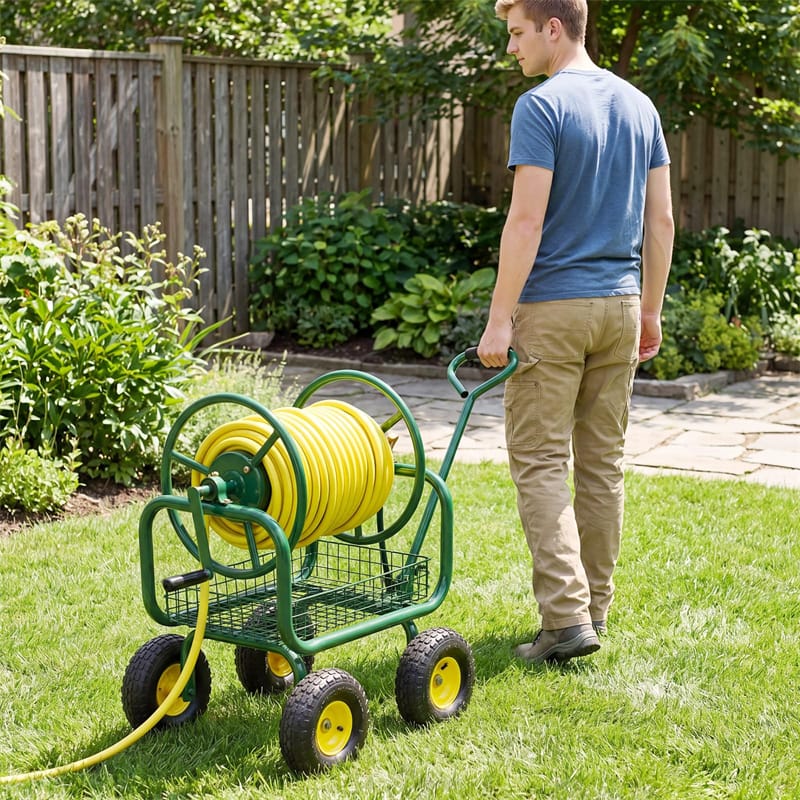 Portable Garden Hose Reel Cart Holds 300FT of 5/8" Large Capacity, Heavy - Duty Metal Hose Cart with 4 Wheels & Storage Basket for Lawn Yard