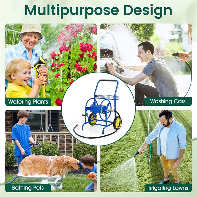 Garden Hose Reel Cart Holds 230FT of 5/8" Hose, Heavy - Duty Hose Cart with 2 Wheels & Storage Basket, Portable Water Hose Organizer for Yard