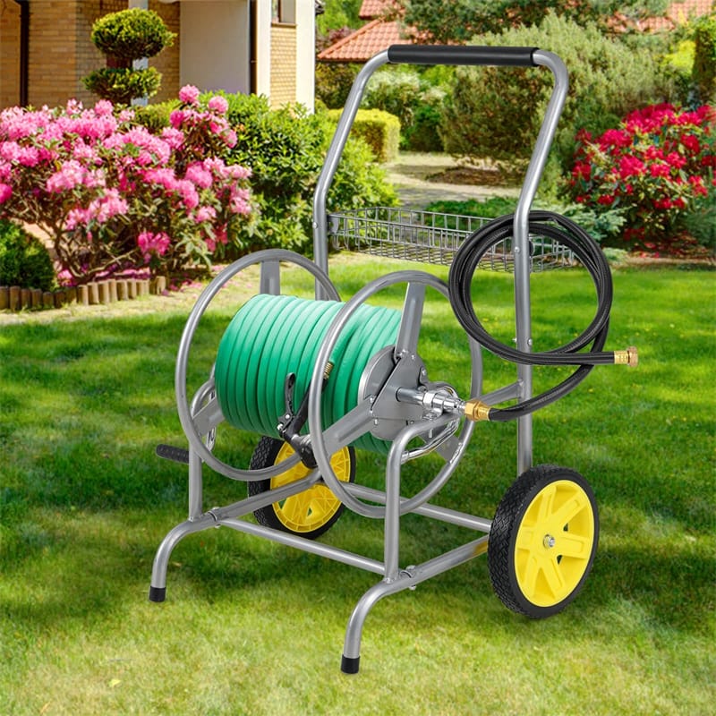 Garden Hose Reel Cart Holds 230FT of 5/8" Hose, Heavy - Duty Hose Cart with 2 Wheels & Storage Basket, Portable Water Hose Organizer for Yard